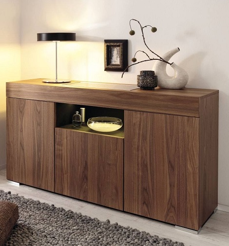 Hulsta Elumo II commode,3 deuren, 3 laden breed,glas, gerookt eiken,noten,wit,lamp zwart