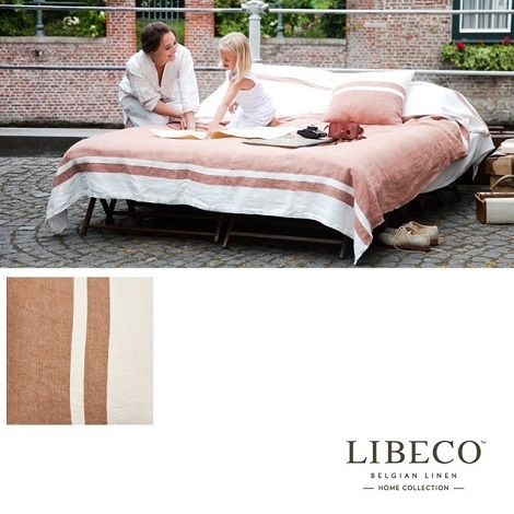 Libeco louisiana sierkussen stripe Oyster 63x63,50x50 cm.,plaid 260x240cm. bruin linnen 