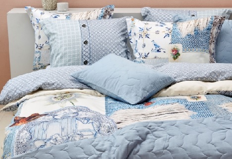 Vandyck Quilt overtrek katoensatijn,wit,blauw dessin lappendeken