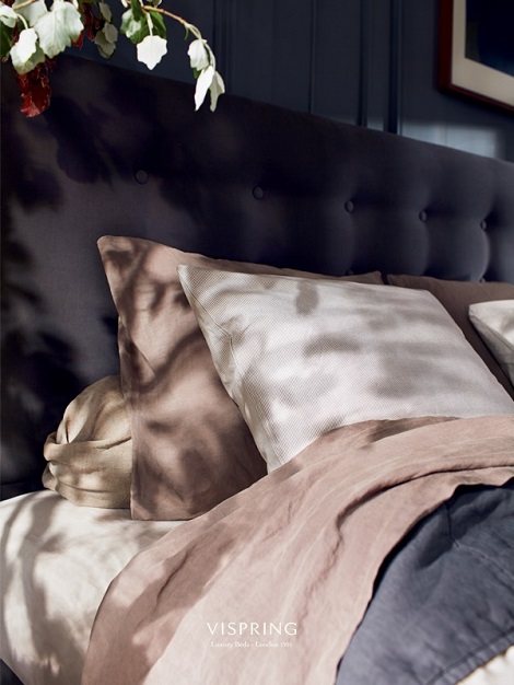 Vispring hoofdbord achilles,knopen,stof blauw,antraciet,luxe bed,london