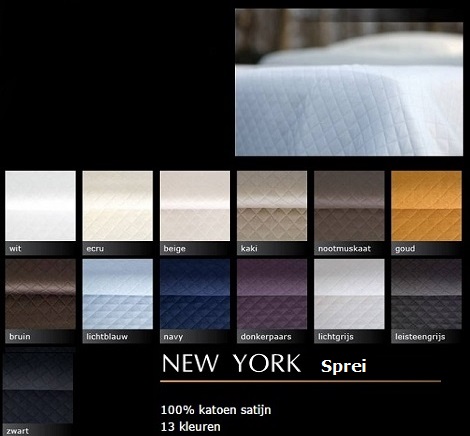 Sprei satijn wit, ecru, beige, kaki, nootmuskaat, goud, bruin, donkerblauw, dieppaars, grijs, New York Dommelin