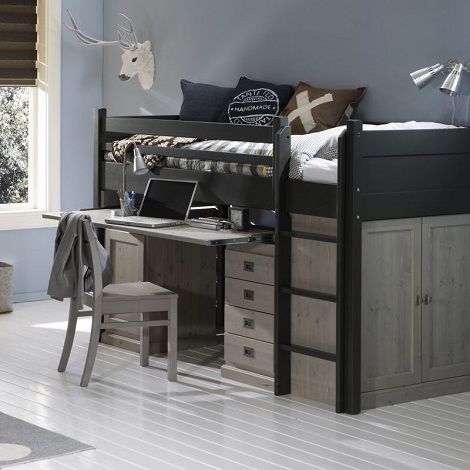 Halfhoogslaper met bureau en kast,antraciet, stone grey, grijs,stoel,hout,stoer.
