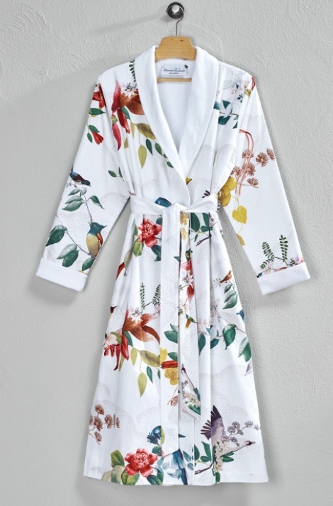 Badjas satijn Kotori,dessin vogels,bloemen,wit,Christian Fischbacher design