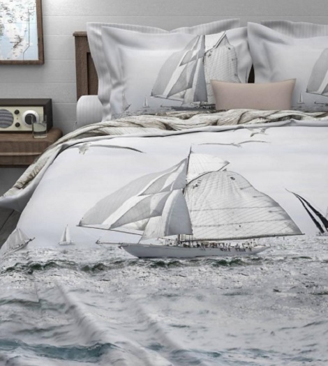 HNL overtrek satijn Elbow zeilschip,boot,multi,grijs,wit, blauw,antraciet,eenpersoons,tweepersoons
