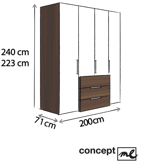 Nolte Concept Me 220 kledingkast 4 draaideuren,ladeblok, kleur: terra mat,dark chocolade, 240 hoog, 200 breed, 71 cm. diep