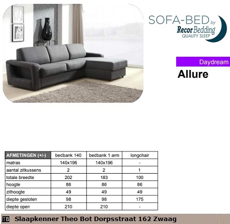 Slaapbank Allure 140 breed x 200 lang met longchair,bergruimte,Sofabed,Daydream,goed zitcomfort