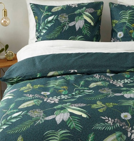 Essenza dekbedovertrek satijn Zeno green, bladeren, bloemen, wit,groen