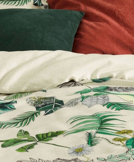 Essenza dekbedovertrek satijn Zeno off white, bladeren, bloemen, wit,groen