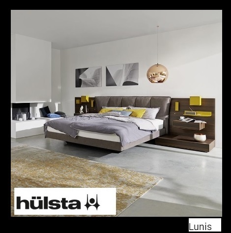 hulsta ledikant lunis kernnoten, brede achterwand, hout, console, ledlicht, boxspring taupe