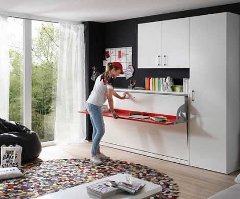 opklapbed met bureau wit, 90x200cm. kast, Nehl 2raumwunder